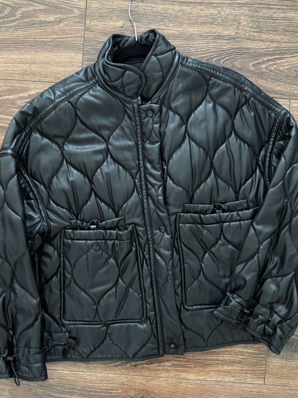 Zara Faux Leather Black Quilted Puffer Bomber Jacket M